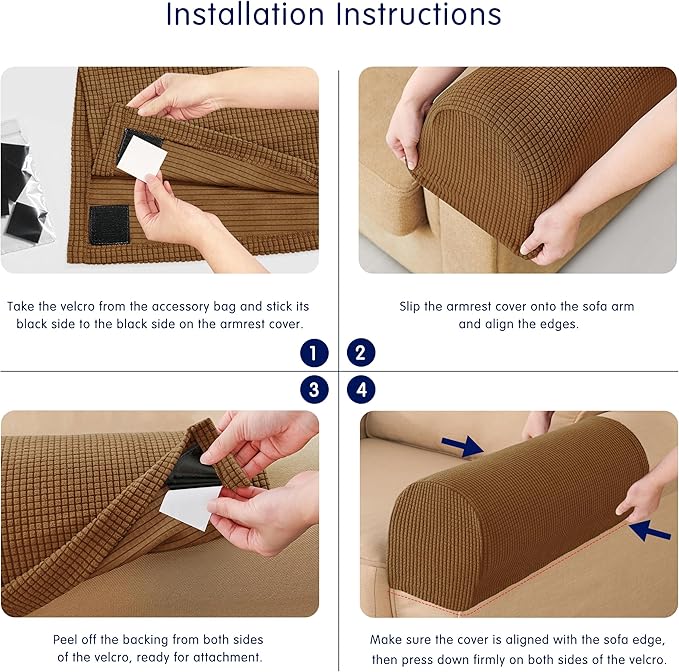 SUBRTEX Stretch Couch Arm Covers Set of 2, Checkered Sofa Arm Slipcovers, Anti-Slip Armrest Covers for Recliner and Armchairs, Pet Proof, High Stretchy, Hook & Loop Tape, Coffee