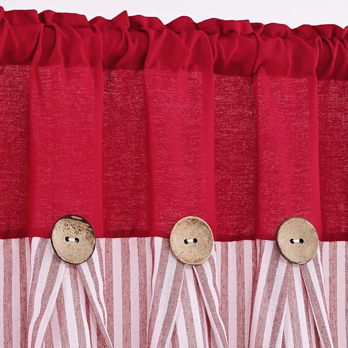 ASPMIZ Farmhouse Cotton Linen Swag Valances for Windows, Boho Kitchen Curtains Valances with Rustic Buttons, Red Striped Window Treatments Curtain Valance for Bathroom Cafe, 61 x 36 Inch, 1 Panel
