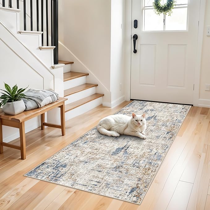 2x6 Washable Non-Slip Hallway Runner Rug – Modern Abstract Soft Carpet Runner for Kitchen, Bedroom with Rubber Backing – Low-Pile Thin Stain-Resistant Rug for Laundry Room, Entryway（Blue Brown）