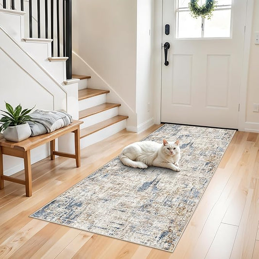 2x6 Washable Non-Slip Hallway Runner Rug – Modern Abstract Soft Carpet Runner for Kitchen, Bedroom with Rubber Backing – Low-Pile Thin Stain-Resistant Rug for Laundry Room, Entryway（Blue Brown）