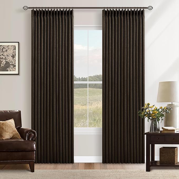 Chocolate Brown 84 Inch Blackout Pinch Pleated Curtains 2 Panels for Living Room Darkening Thick Linen Textured 100% Black Out Pinch Pleat Light Blocking Noise Reducing Bedroom Drapes 84 Inches Long