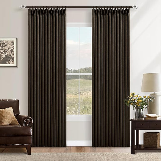 Chocolate Brown 84 Inch Blackout Pinch Pleated Curtains 2 Panels for Living Room Darkening Thick Linen Textured 100% Black Out Pinch Pleat Light Blocking Noise Reducing Bedroom Drapes 84 Inches Long