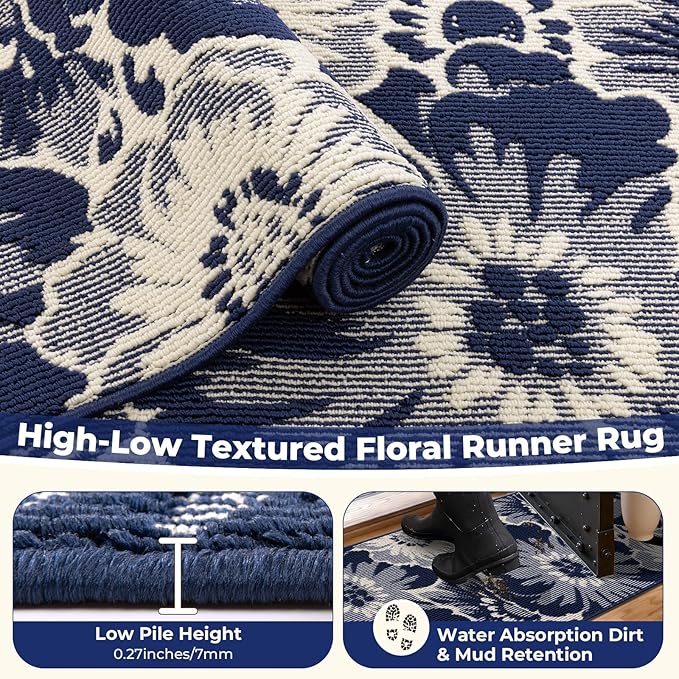 Findosom Hallway Runner Rug 2x6, Non Slip High-Low Textured Floral Washable Runner Rug with Rubber Backing, Boho Carpet Runner for Kitchen, Entryway, Bedroom, Laundry, Navy