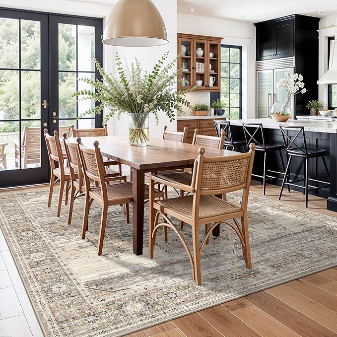 RUUGME Washable 10x10 Area Rug - Large Vintage Area Rugs with Non Slip Backing Low Pile Stain Resistant Carpet for Bedroom Dining Room Indoor Soft Carpets Home Decor Decoration Mat 10X10 Beige