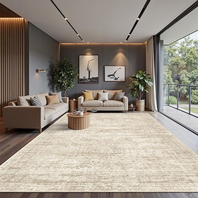 Soalmost 12x15 Washable Area Rug Beige Neutral Abstract Living Room Large Carpet Non Slip Bedroom Indoor Office Dining Room Low Pile Thin Rug