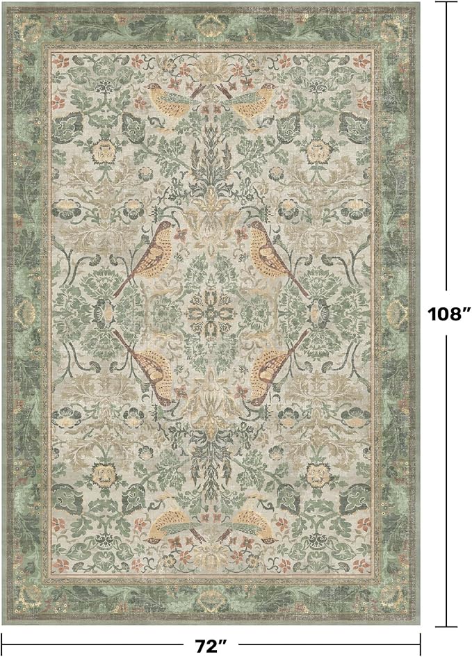 Hazo Haus Washable Living Room Rug 6x9 - Sage Floral Nature Area Rugs for Bedroom, Dining Room Kitchen Table Rug for Under Table, Office, Stain Resistant Non-Slip - Sage Green