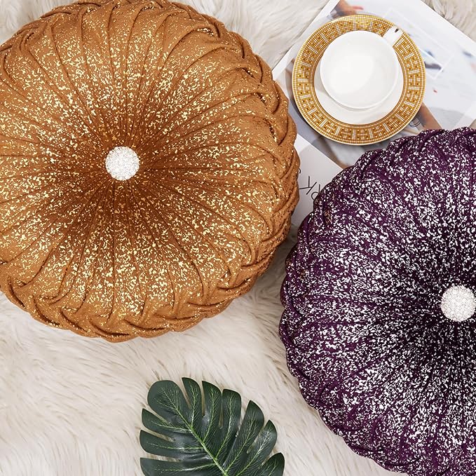 EUCIOR Round Throw Pillows,Brown Throw Pillows,Gold and Brown Decorative Pillow,Pumpkin Pleated Handmade Round Velvet Decorative Pillow for Sofa Bedroom Livingroom