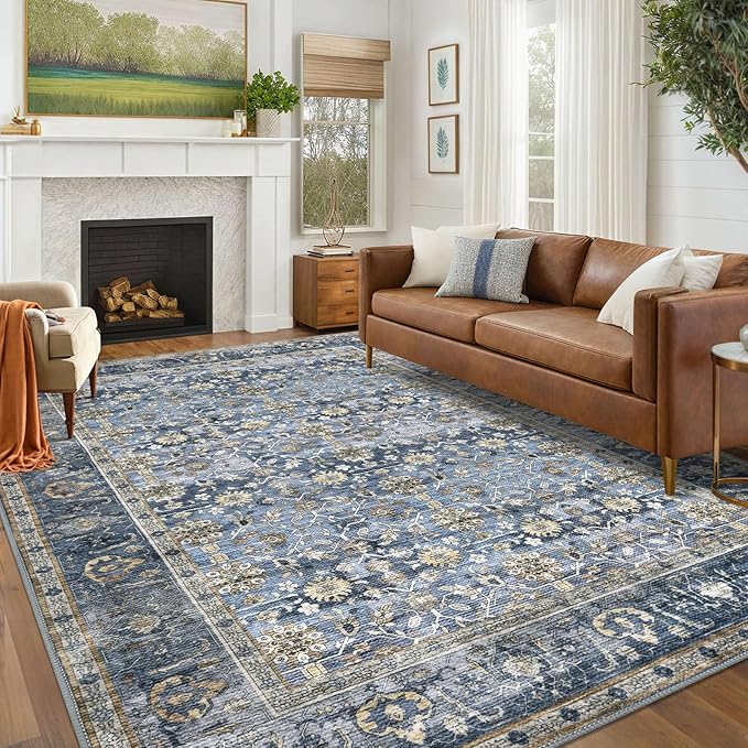 KUTA Vintage Floral 6x9 Area Rugs, Blue Grey Beige Washable Rugs for Living Room Non Slip, Ultra Thin Soft Print Distressed Flower Low-Pile Traditional Carpet for Bedroom Dining Room Dorm Office