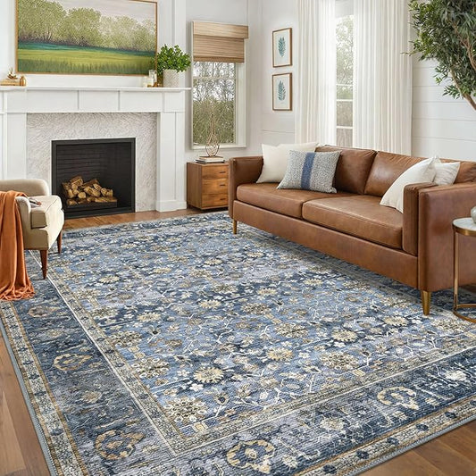 KUTA Vintage Floral 6x9 Area Rugs, Blue Grey Beige Washable Rugs for Living Room Non Slip, Ultra Thin Soft Print Distressed Flower Low-Pile Traditional Carpet for Bedroom Dining Room Dorm Office