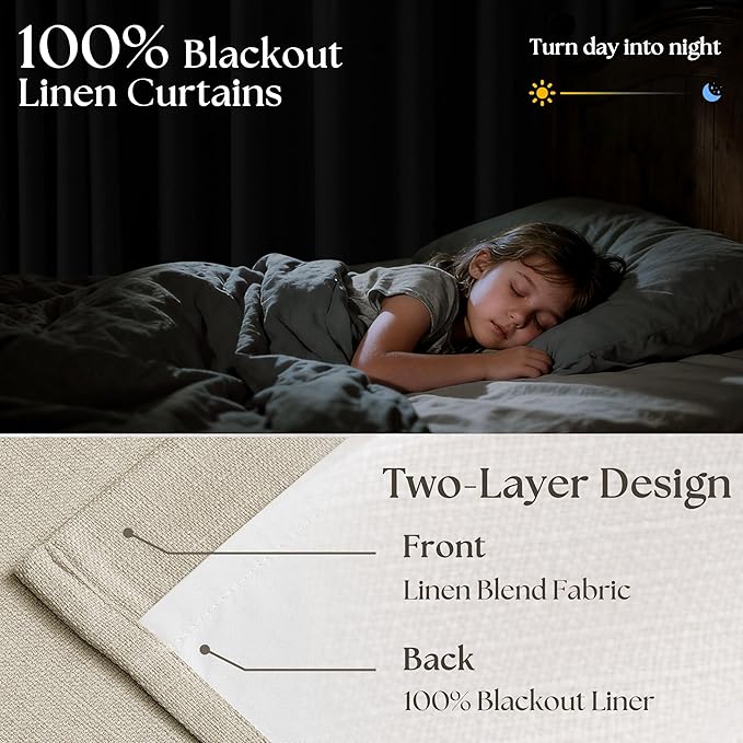 112 Inch Linen Blackout Curtains 112 Inches Long for Bedroom Neutral Boho Pinch Pleated 100% Black Out Room Darkening Sound Dampening Window Drapes Double Layer Soundproof 112 Inch Curtains Oatmeal