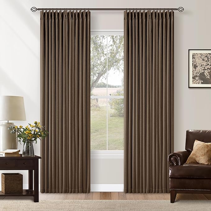80 Inch Pinch Pleated Linen Blackout Curtains 2 Panels Set for Living Room 100% Black Out Window Curtains 80 Inches Long Pinch Pleat Dual Layer Drapes Drapes for Bedroom Office Dining Room Latte