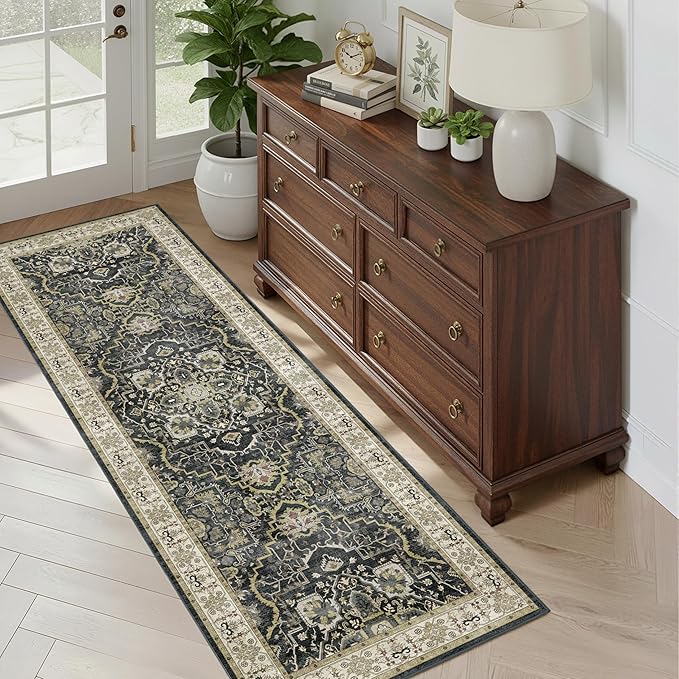 2x6 Washable Kitchen Runner Rug, Non Slip Vintage Runner Rugs for Hallway, Ultra-Thin Low Pile Distressed Kitchen Rugs Non Skid, Machine Washable Laundry Entryway Indoor Carpet,Black