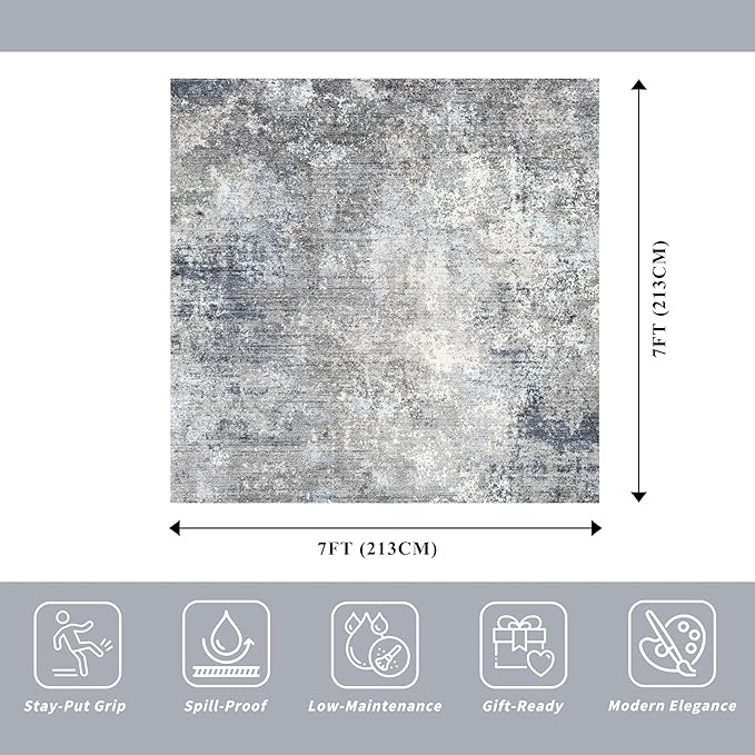 7x7 Square Rug Machine Washable – Modern Neutral Abstract Non-Slip Area Rug for Dining Room Living Room Kitchen Bedroom – Low-Pile Accent Indoor Carpet (Blue Grey, 7x7)