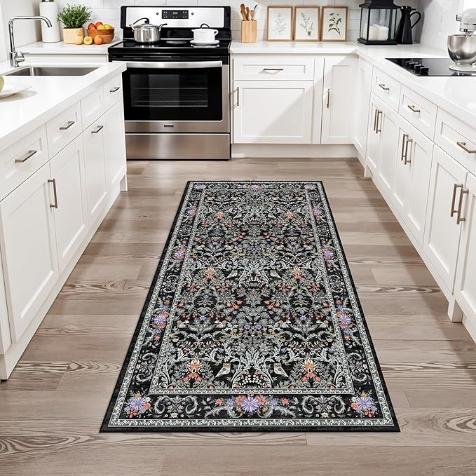 3x6 Washable Non-Slip Kitchen Runner Rug – Vintage Botanical with Animals Wide Floor Carpet Runner with Rubber Backing for Entryway, Hallway, Bathroom, Living Room, Low Pile Thin (Vibrant Black)