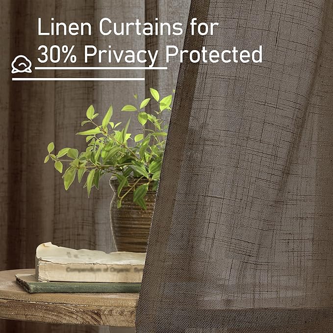 LAMIT Dark Brown Sheer Linen Curtains, 96 inch Light Filtering Semi Sheer Panels Back Tab and Rod Pocket Farmhouse Drapes for Bedroom/Living Room, 2 Panels, 52 x 96 Inch