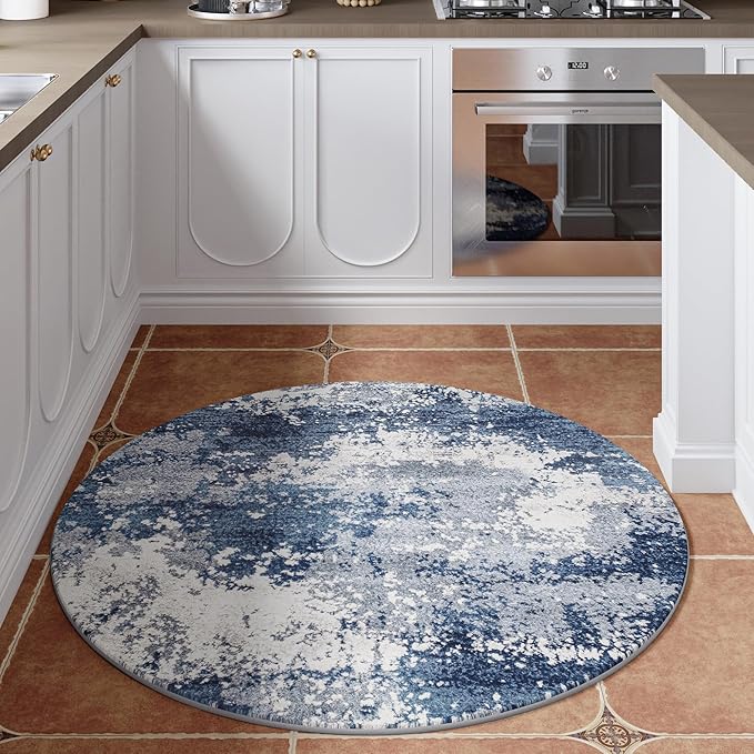 Blue Round Area Rugs 4ft Washable Circle Rug for Entryway Kitchen, Non Slip Soft Low Pile Stain Resistant, Boho Circular Carpet for Living Room Bedroom Dorm Dining Room Table, Abstract Navy