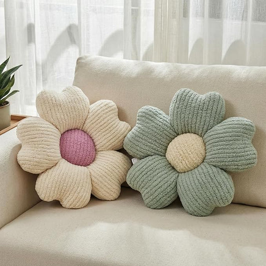 2 Pcs Sage Green Decorative Throw Pillows, 15'' Cute Daisy Flower Shaped Pillow Floor Seating Cushion for Bed Couch Bedroom Room Dorm Decor (Sage Green & Ivory)