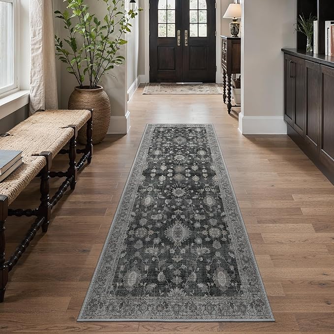 GENIMO Runner Rug for Hallways Machine Washable, 3x7 Non Slip Boho Vintage Lightweight Washable Runners, Thin Floor Rugs for Entryway Hallway Bathroom Laundry Room Corridor, Charcoal