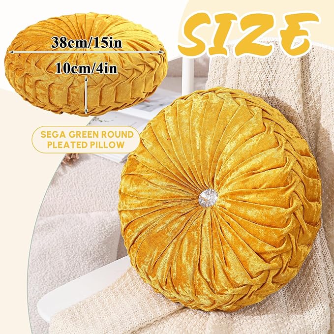 Drydiet 1 Pcs Round Throw Velvet Pillows Decorative Pleated Throw Pillows 15'' Diameter Accent Pumpkin Boho Chair Cushion for Couch Sofa Home Decoration (Velvet Gold)
