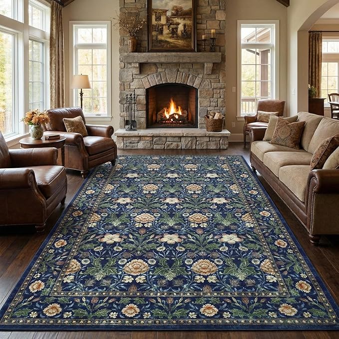 GarveeHome Large Area Rugs 9x12 for Living Room, Forest Green Floral Washable Rug Soft Non Slip Floor Mat Carpet Indoor Thin Accent Rug for Bedroom Dining Room Playroom Nursery Home Decor