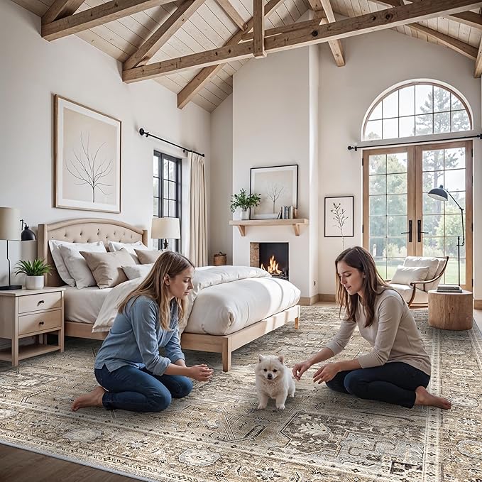 RUUGME 12x14 Area Rug Washable - Indoor Ultra-Large Non Slip Stain Resistant Rugs for Living Room Bedroom Vintage Soft Low Pile Carpet for Dining Room Thin Home Decor Floor Mat 12X14 Beige