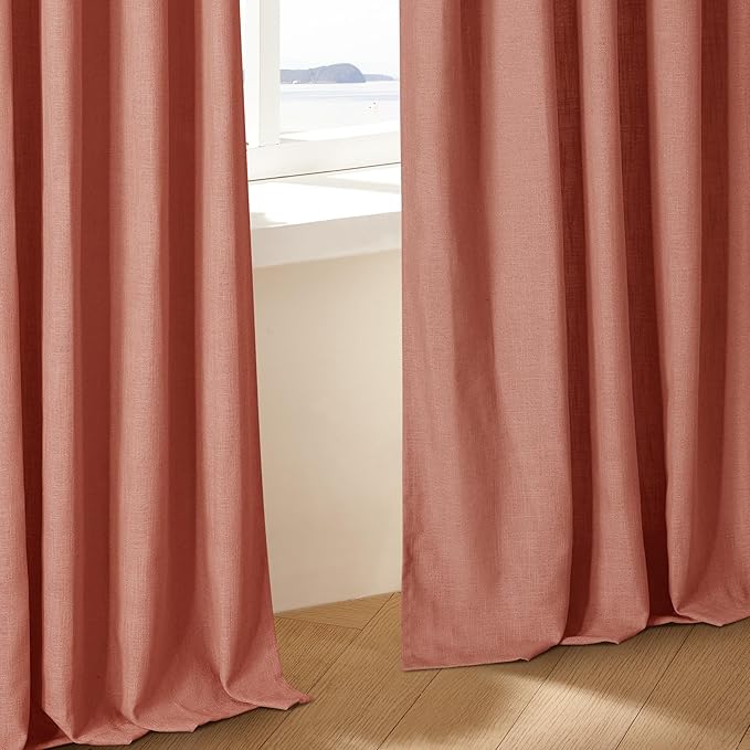 Firebrick Pleated Linen Curtains 96 Inches Long for Living Room 2 Panel Set Semi Sheer Light Filtering Pinch Pleat with Rings Hooks Drapes Farmhouse Rustic Terracotta Red Clay Curtain Bedroom Window