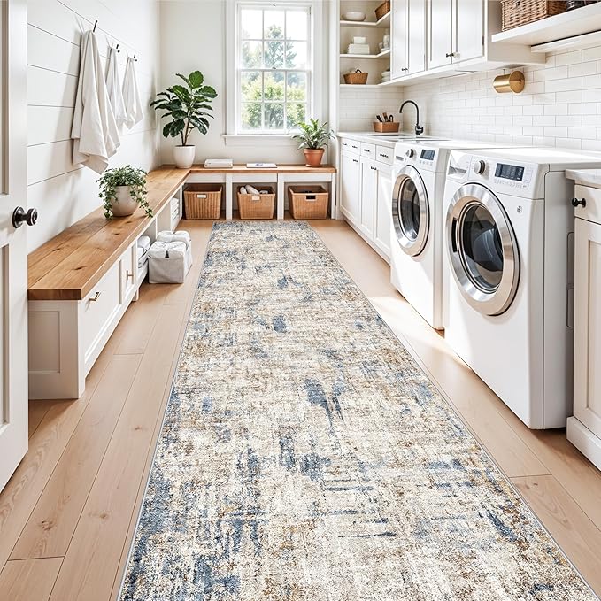 3x15 Ft Long Hallway Runner Rug - Non-Slip Washable Kitchen Runner Rug with Rubber Backing | Modern Abstract Wide Floor Carpet Runner for Indoor Entryway, Bedroom, Living Room（Blue Brown）