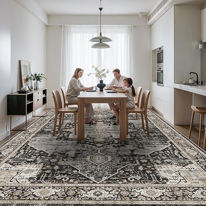 RUUGME Large 12x14 Area Rugs - Large Boho Rugs for Living Room Bedroom Stain Resistant Carpet with Non Slip Backing Low Pile Carpets for Dining Room Office Indoor Home Decor Floor Mat 12X14 Black