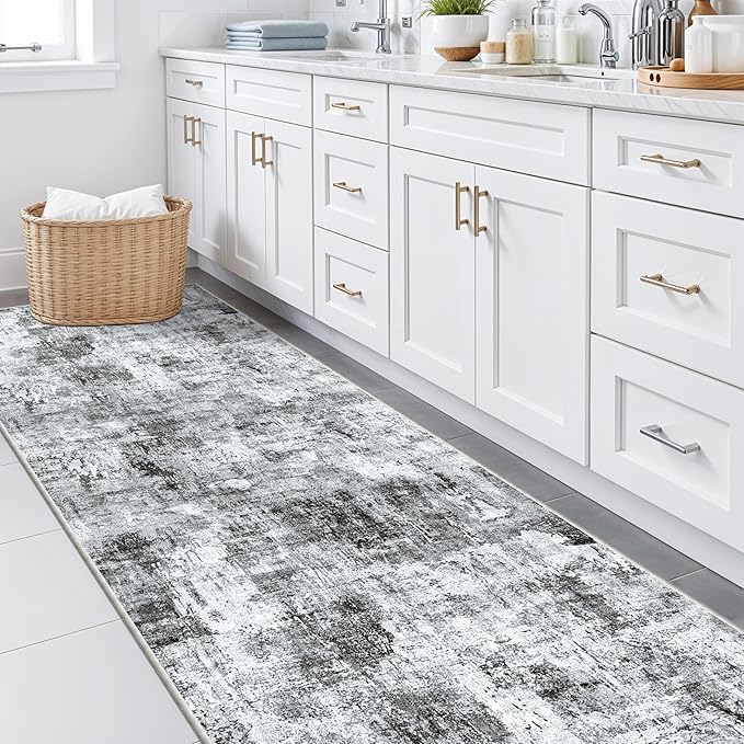 3x10 Ft Long Runner Rug for Hallway and Kitchen – Non-Slip Washable Floor Runner for Indoor Entryway, Bedroom, Living Room,Modern Abstract Low-Pile Thin Carpet (Grey)