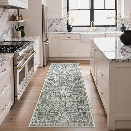 Bavni 2X6 Rug Runners for Hallways, Washable Runner Rug Non Slip, Vintage Floral Print Style Rugs for Bedroom-Lightweight Low Pile Carpet for Kitchen Bathroom,Green/Blue