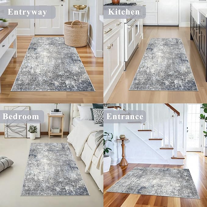 3x4 Washable Entryway Rug – Non-Slip Modern Abstract Small Area Rug for Kitchen, Bedroom, Bathroom – Soft Low-Pile Thin Indoor Door Mat （Blue Grey,3x4）