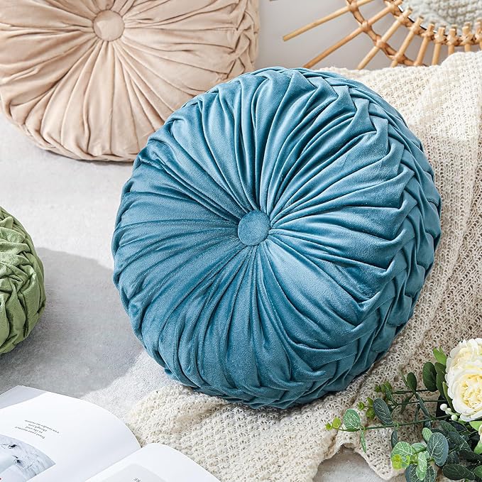 Drydiet 1 Pcs Round Throw Velvet Pillows Decorative Pleated Throw Pillows 15'' Diameter Accent Pumpkin Boho Chair Cushion for Couch Sofa Home Decoration (Dusty Blue)