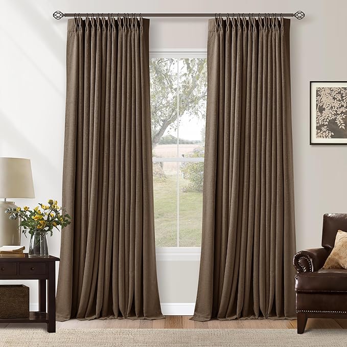 Latte 96 Inch Pinch Pleated Blackout Linen Curtains for Bedroom Living Room 2 Panels Set Memory Trained 100% Black Out Soundproof Room Darkening Window Curtains Double Layer Pinch Pleat Drapes