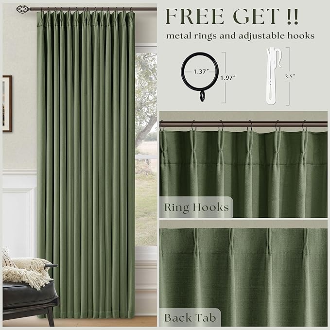 Loden 105 Inch Long Blackout Curtains Olive Green Thick Linen Pinch Pleated Curtains 2 Panels for Bedroom Living Room Darkening Light Blocking Pinch Pleat Back Tab 105 Inch Window Drapes Olive Green