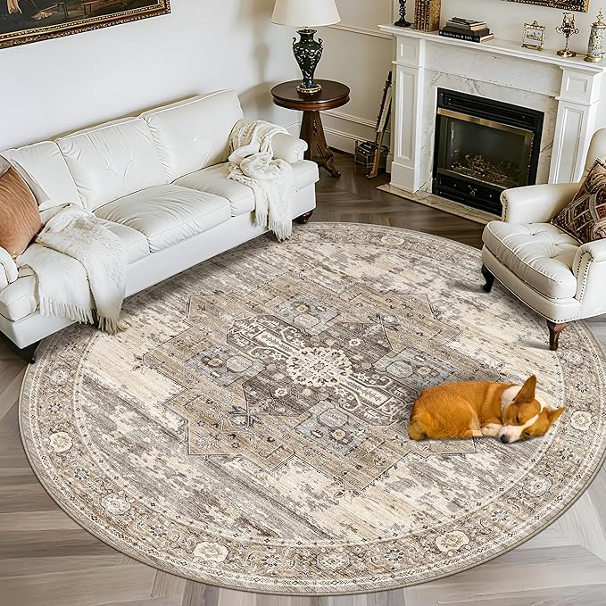 RUUGME Washable 7round Rug - Large Rugs for Living Room Low Pile Soft Rugs for Bedroom Kitchen Dining Room Oriental Stain Resistant Carpets with Non Slip Backing Home Decor Floor Mat 7round Beige