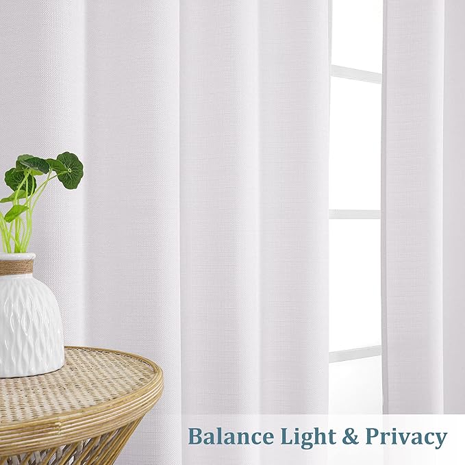 Chyhomenyc White Curtains 84 Inch Length 2 Panels Set, Faux Linen Textured Semi Light Filtering Soft Airy Farmhouse Window Curtain Drapes for Living Room Bedroom, 50Wx84L