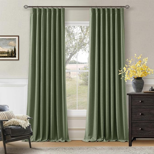 120 Inch Pinch Pleat Drapes Olive Green Room Darkening Curtains 120 Inches Long for Bedroom Rustic Cottagecore 100% Blackout Thick Linen Double Layer Pleated Curtain 2 Panels Set Loden Green Decor