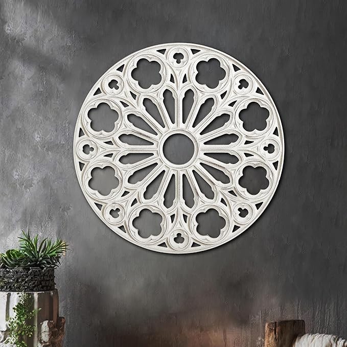 XIAOAIKA Wood Round Decorative Wall Sculpture, Hand-Carved Floral Geometric Design with Distressed White Finish, Vintage Farmhouse Boho Wall Art for Living Room Bedroom Hallway, 24 Inch