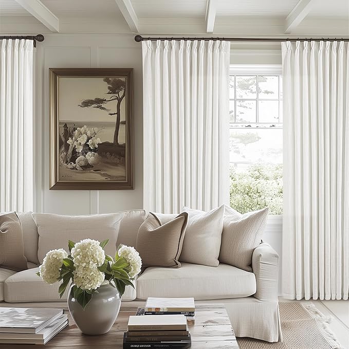 TWODRAPES Extra Wide Linen Curtains 102 Inches Long 70 Inch Wide for Living Room Bedroom Light Filtering Beige Off White Pinch Pleated Curtains Hooks Rings Back Tab for Sliding Door 1 Panel 70Wx102L