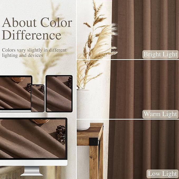 Caramel Brown Linen Curtains 120 Inch Extra Long for Living Room Back Tab Light Filtering Semi Sheer Drapes Modern Farmhouse Decor Cotton Textured Curtain for Floor to Ceiling High Window 52x120