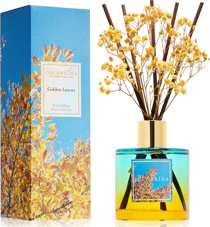 COCORR??NA Reed Diffuser - Golden Leaves Reed Diffuser Set with 8 Sticks & Preserved Baby's Breath, Reed Diffuser for Home Bathroom Shelf Decor