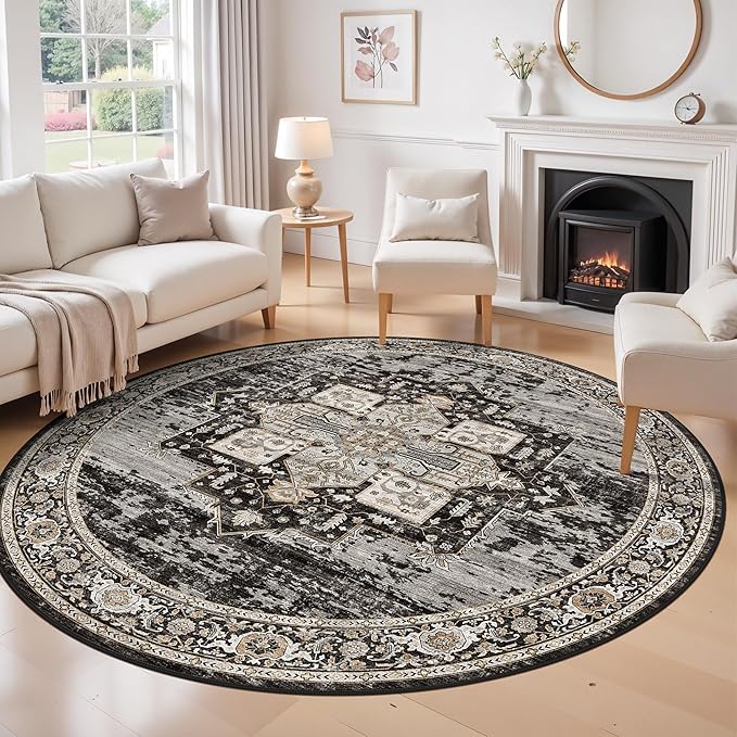 RUUGME 8ft Round Rugs for Living Room : Large Circle Rugs for Bedroom Ultra Soft Carpets with Non Slip Backing Stain Resistant Decoration Floor Mat for Kitchen Dining Room 8ft Black