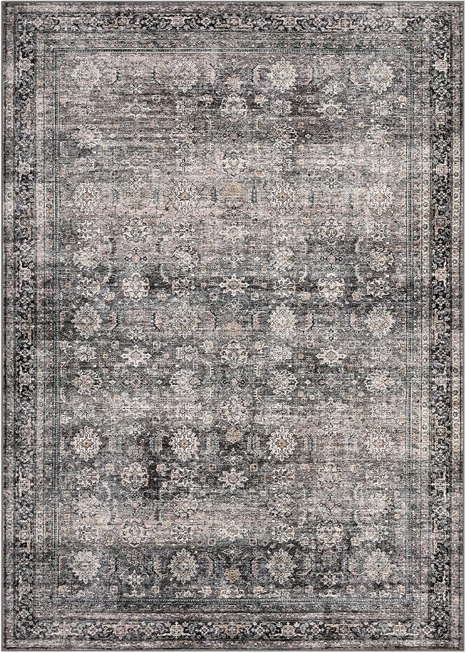 GarveeHome Area Rugs 3x5 Vintage Printed Floor Carpet with Non-Slip Backing, Stain-Resistant Oriental Throw Bedside Washable Farmhouse Low Pile Rugs for Living Room, Bedroom, Office, Green Camel