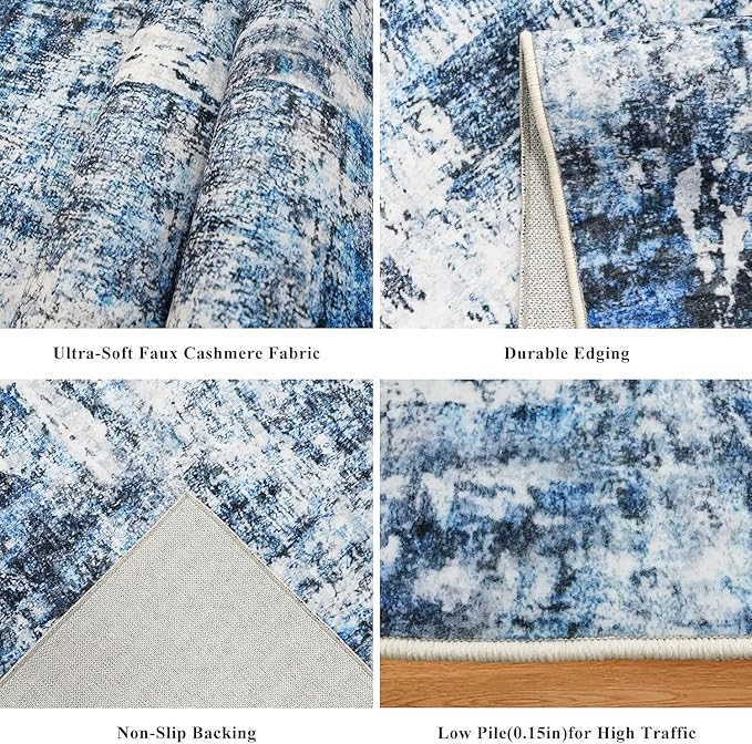 3x7 Washable Non-Slip Kitchen Runner Rug – Modern Abstract Neutral Beige & Gray Carpet for Hallway, Entryway, Bedroom, Laundry Room – Low-Pile Thin Wide Floor Runner with Rubber Backing（Blue）