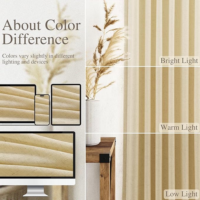 Nanspring Cream Yellow Curtains for Living Room 72 Inches Linen Blend Light Filtering Modern Farmhouse Semi Sheer Curtains Back Tab Privacy Neutral Curtain for Bedroom Office 52x72, 2 Panels