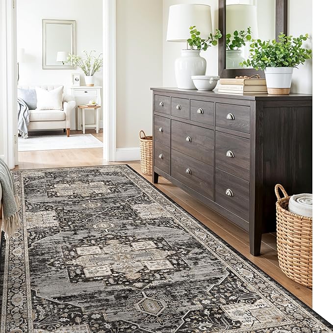 RUUGME 4x8 Hallway Runner Rug - Washable Vintage Soft Runners Stain Resistant Carpet Lightweight Ultra-Thin Rugs for Entryway Kitchen Bedroom with Non Slip Backing Home Decor 4x8 Black