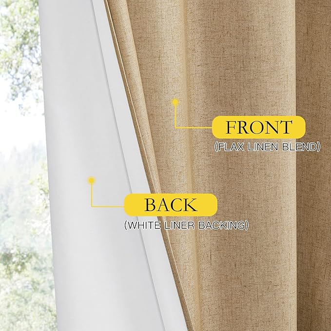 NICETOWN 100% Absolutely Blackout Linen Curtains with Thermal Insulated White Liner, Camel, W52 x L72, 2 Panels, Long Curtains 72 inch Length for Patio Door, Doorway, Office, Overnight Shiftworker