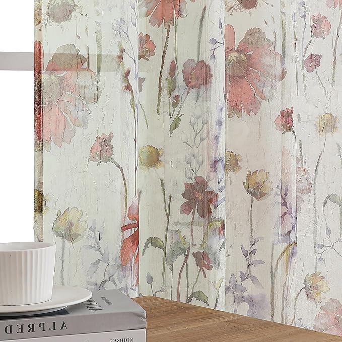 OWENIE Crushed Sheer Cafe Curtains Kitchen Tiers 30 Inch Length 2 Panels, Printed Design Small Window Half Curtains for Bathroom Bedroom Cupboard Living Room, Short Light Filtering Curtain, 42"x30"