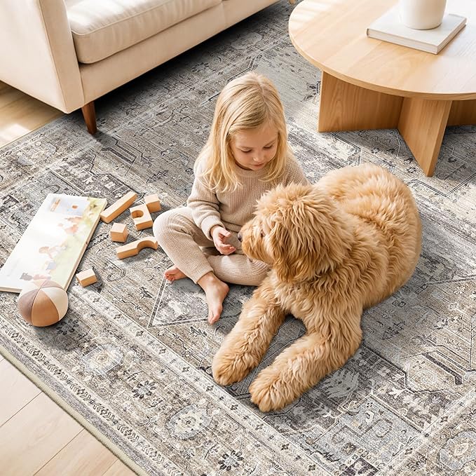 RUUGME Washable Area Rugs 5x6 - Vintage Distressed Rugs for Small Living Room Stain Resistant Non Slip Carpets for Bedroom/Dining Room/Laundry Room/Kitchen 5x6 Beige