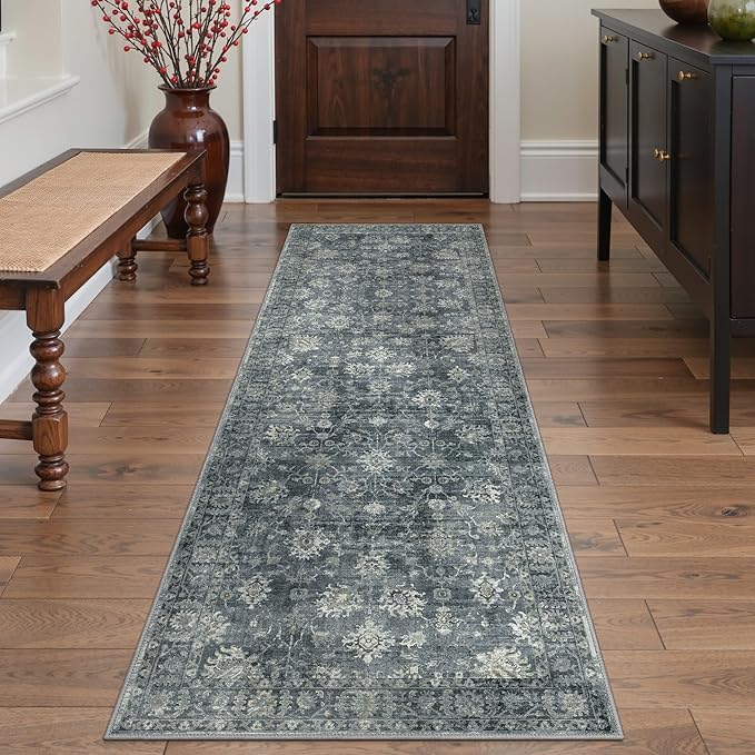 GENIMO Runner Rug for Hallways Machine Washable, 2x12 Non Slip Boho Vintage Lightweight Washable Runners, Thin Floor Rugs for Entryway Hallway Bathroom Laundry Room Corridor, Ashen Taupe